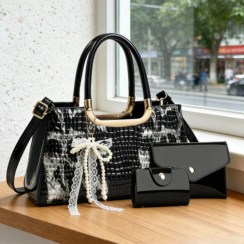 Women Bags Accessories - Women's Handbag Set, Crocodile Pattern Evening